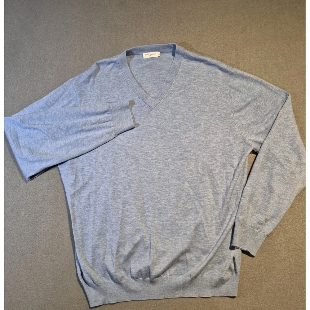 Tom James Sweater Mens Large Blue Merino‎ Wool Pullover Golfer Golfing